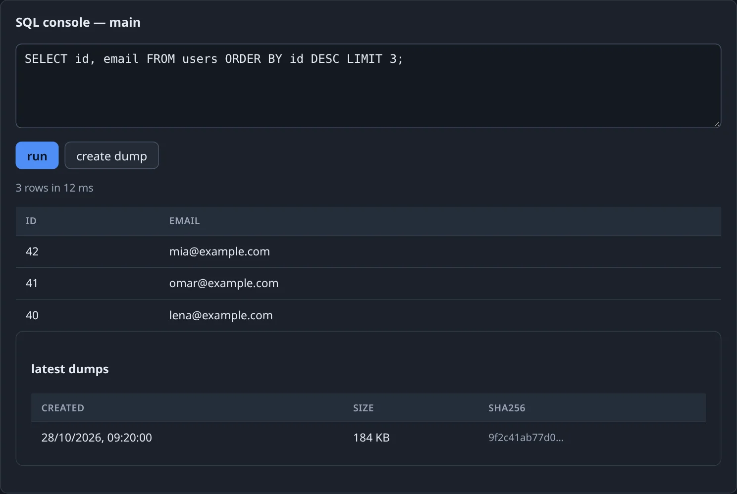 SQL console — main